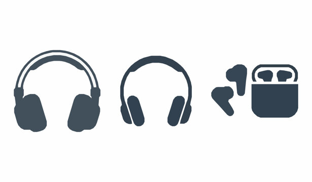 Minimal headphones icon set with over ear on ear and wireless earbuds vector illustration isolated on white background