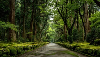 Enchanting Forest Path Lined with Ancient Mossy Trees and Lush Greenery.