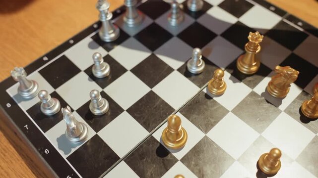 Midgame chess battle on cafe table, player finger nudges gold piece across glossy squares, dynamic piece layout shows attack and defense, overhead angle reveals tension and tactical planning