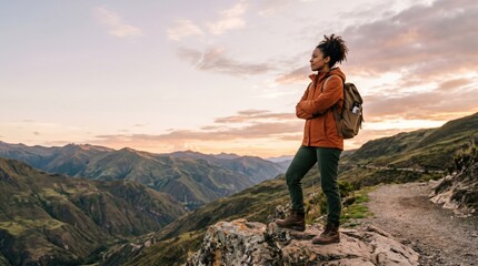 Naklejka premium Young Black Woman Hiking in Andes Mountains at Sunset
