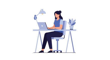 Fototapeta premium A woman sits at a desk working on her laptop with a desk lamp and a potted plant nearby in a professional flat vector illustration.
