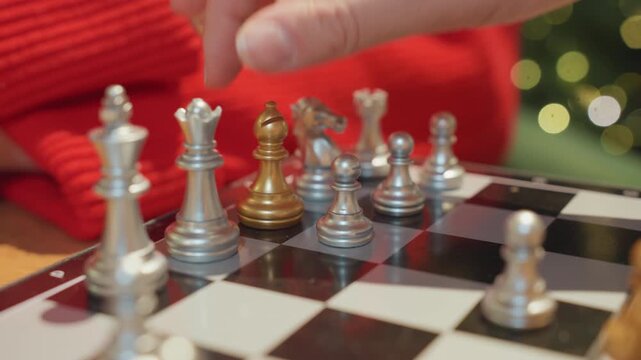 Hand placing gold piece in cafe scene, tabletop capture among silver pieces with red sweater and festive bokeh, decisive tactical move targeting queen and check threat, close focus on motion and warm