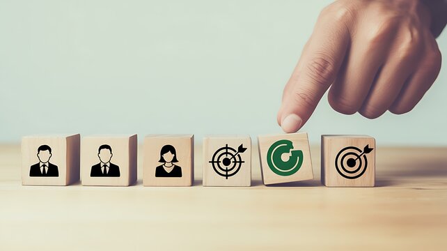 A hand places a wooden block with a green checkmark on a row of blocks featuring business people and targets on a wooden table.