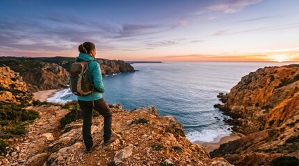 Fototapeta premium Young woman hiker with backpack standing on cliff edge overlooking ocean at sunset