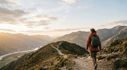 Obraz premium Young woman hiking on mountain trail at sunset with backpack