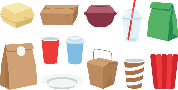 Food packaging collection with takeaway boxes cups bags containers and disposable items fast food vector illustration set