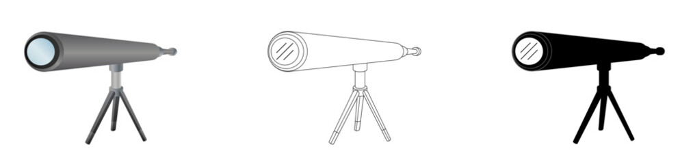 Ilustración de telescopio en color y en blanco y negro. Ilustración vectorial para folleto, app, sitio web y otros. © Nicolas
