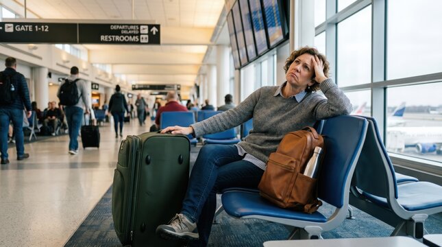 Frustrated Middle Aged Woman Waiting at Airport Gate with Luggage During Flight Delay