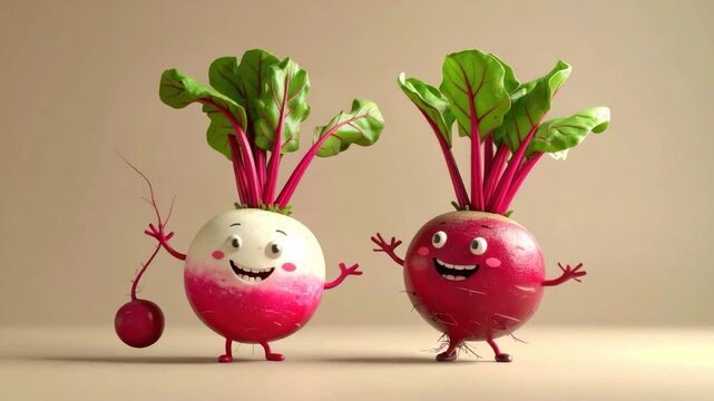 Two anthropomorphic beets with leafy tops, each with a friendly face, smiling