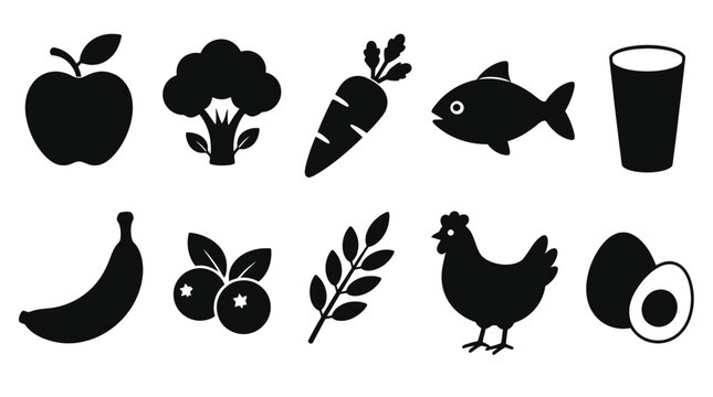 Healthy Food Symbols with Fruit Vegetable Fish Egg Chicken and Milk