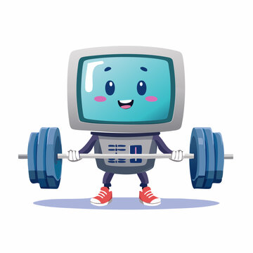 Cute Computer Character Lifting Weights
