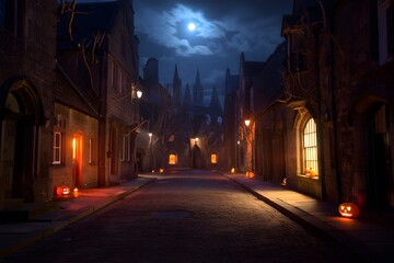 Obraz premium A mysterious alleyway illuminated by lanterns under a full moon