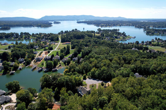 Aerial View of Lakeside Community with Blue Ridge Mountains, Smith Mountain Lake Virginia
