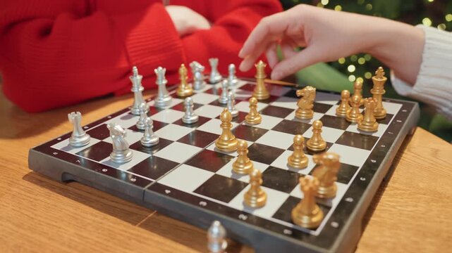 Tense cafe chess duel caucasian competitor, closeup of decisive hands moving gold and silver pieces, focused posture, warm lights and holiday bokeh, competitive atmosphere in cozy cafe