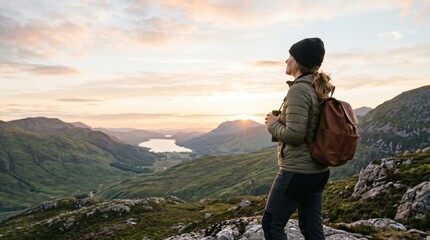 Fototapeta premium Young woman hiking in Scottish Highlands mountains at sunset with leather backpack