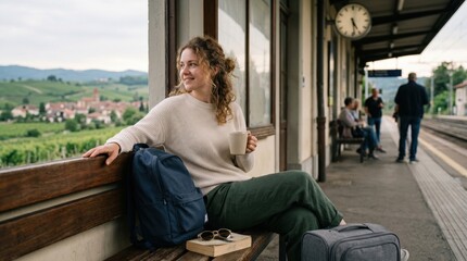 Naklejka premium Young woman waiting for train at scenic station with coffee and book