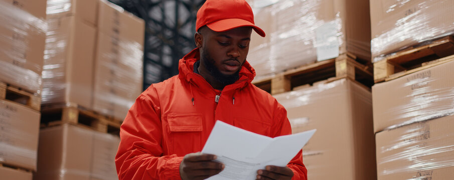 worker in a red jacket and cap inspects documents in a warehouse filled with stacked pallets wrapped in plastic.