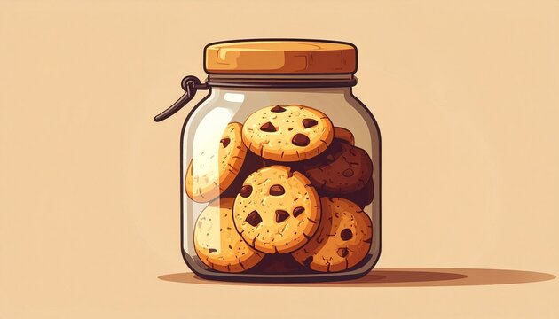 chocolate chip cookies in glass jar on warm beige background for snack storage