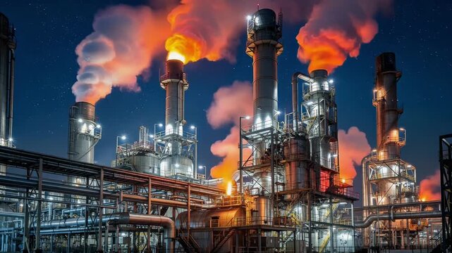 Nighttime view of a vibrant industrial complex with towering smokestacks and dynamic city energy