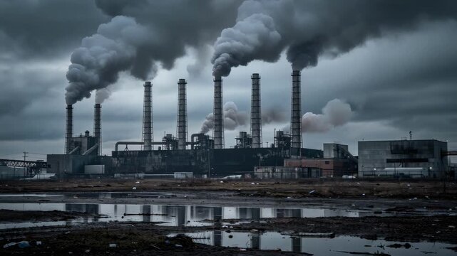 Eerie deserted industrial landscape with towering smokestacks under moody sky