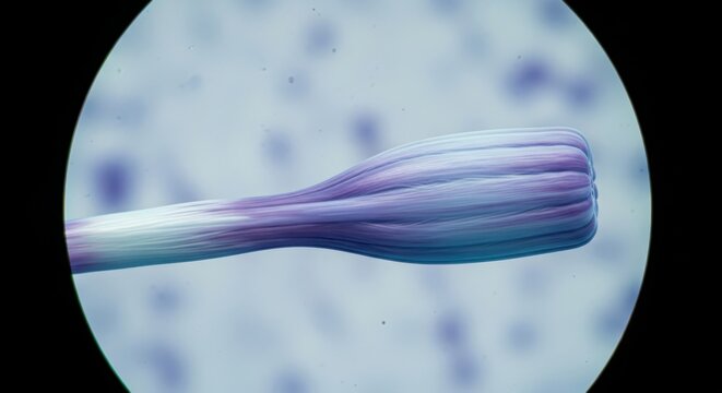 A microscopic view of a purple and white object under a microscope in a laboratory setting with Science and Technology.