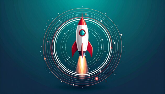 futuristic rocket launching through circular orbit ring in deep space