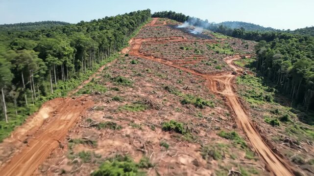 Deforestation Aerial View: Cleared Forest Landscape with Logging Roads and Smoke