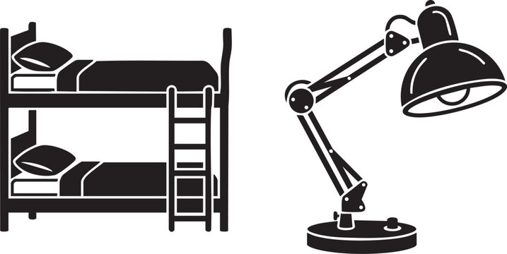 Bunk Bed and Architect Desk Lamp Vector Icon Set