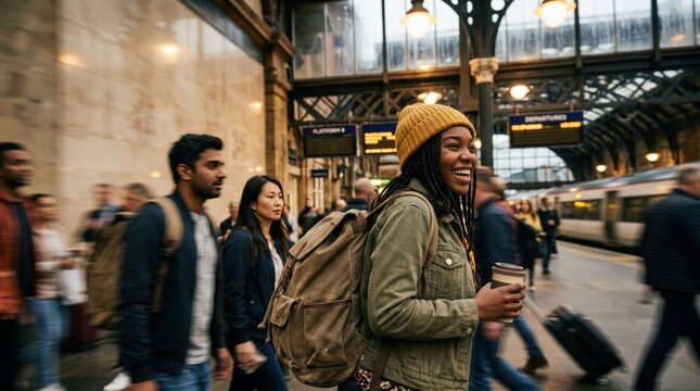 Young Black Woman Commuting at Busy Train Station with Diverse Group of Friends