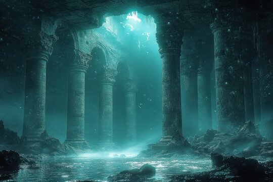 ethereal underwater ancient stone hall with tall columns and arches, sunbeams piercing teal water over a rocky submerged floor, drifting particles and a mysterious serene atmosphere
