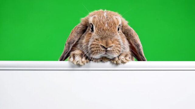 Adorable Bunny Holding Blank Board Slight Movement Green Screen, Animals Wildlife