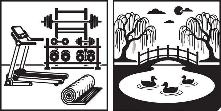Gym Fitness Equipment and Scenic Park Landscape Vector Silhouettes