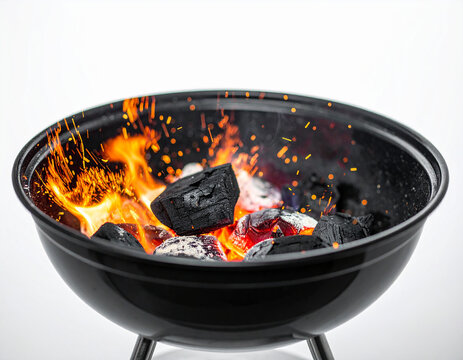 Black Barbecue Grill Filled with Burning Hot Charcoal and Fiery Sparks on White Background