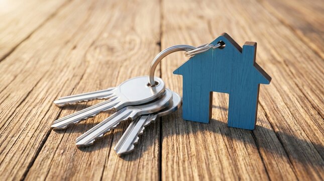 House keys with a blue house-shaped keychain resting on a rustic wooden table.
