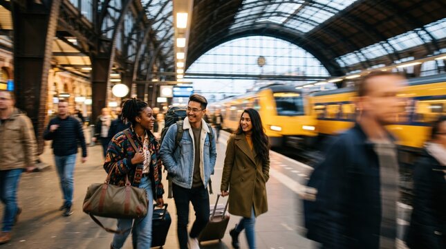Young diverse friends walking with luggage in a busy train station platform