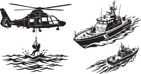 Maritime Search and Rescue Helicopter and Coast Guard Boat Silhouettes © ShamimReza