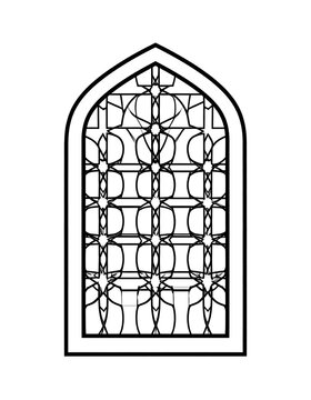 Black and white illustration of an ornate gothic window design