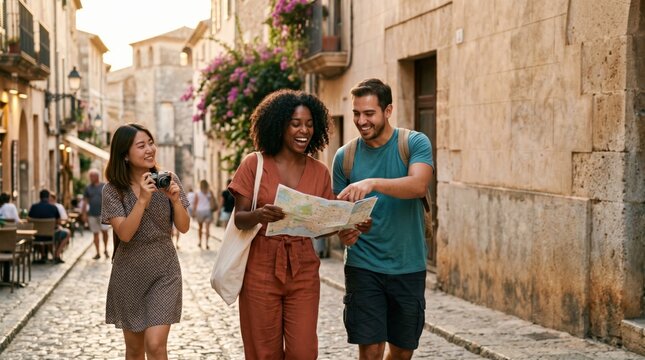 Young diverse friends exploring European town with map and camera