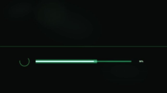 Futuristic emerald green digital loading bar animation showing progress with glowing hud scanner effect