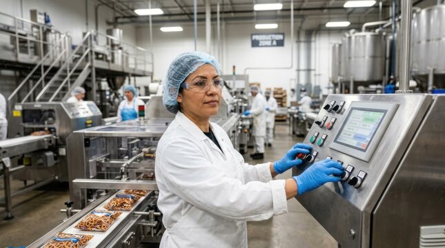 A woman in a white lab coat and blue gloves operates a control panel in a large, modern food production facility. She wears glasses and a surgical cap.