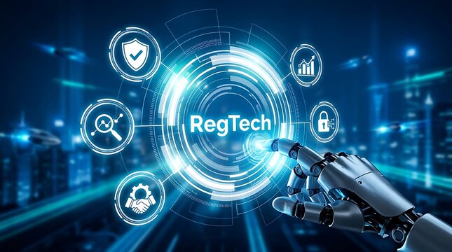 A robotic hand interacts with a glowing RegTech interface displaying icons in a futuristic cityscape at night with technology and innovation.