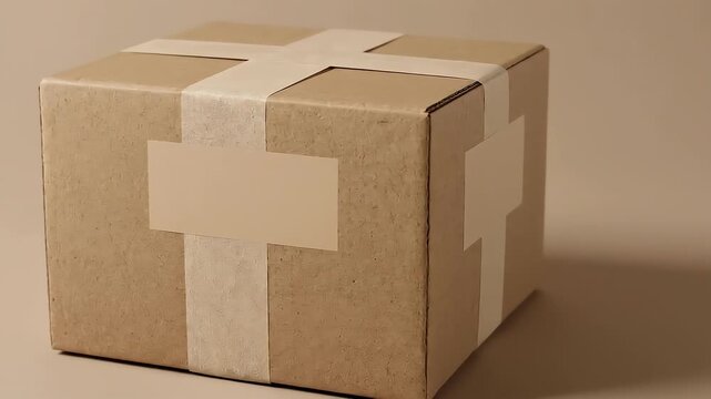 A minimalist cardboard parcel sits centered on a warm beige backdrop taped in a cross with a blank label on front; simple, eco-friendly packaging evoking calm, soft and understated elegance