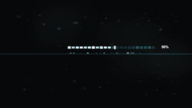 Futuristic digital progress bar animation showing data loading and percentage increasing on dark tech background