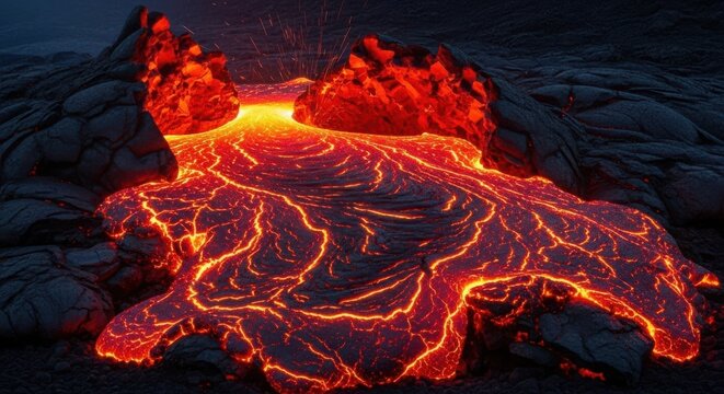 Fiery Orange Lava Flowing from Volcano