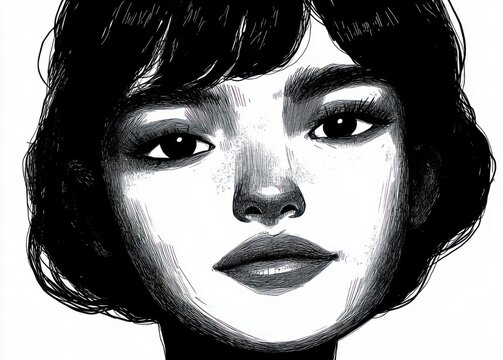 close-up monochrome ink portrait of a young woman with short dark hair, bold expressive eyes, subtle freckles and a calm confident half-smile