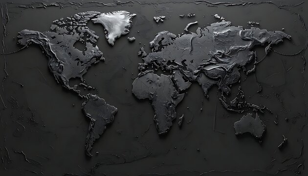 A grayscale 3D world map on a dark textured background
