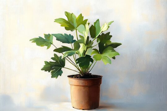potted green houseplant with broad palmate leaves in a terracotta pot on a soft neutral background, calm and fresh atmosphere