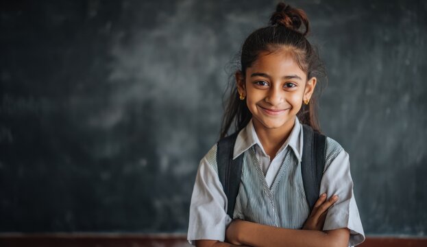 Young indian student with dark hair styled in a high bun, wearing a white collared shirt and gray pinafore, smiling confidently with arms crossed in front of a textured dark