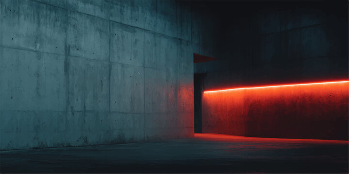 An old grunge factory building with a red brick wall texture glows under dark night sky lights near a design door and window