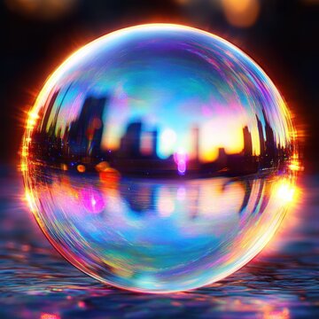shimmering iridescent bubble containing a blurred city skyline over water at sunset, dreamy luminous and surreal atmosphere